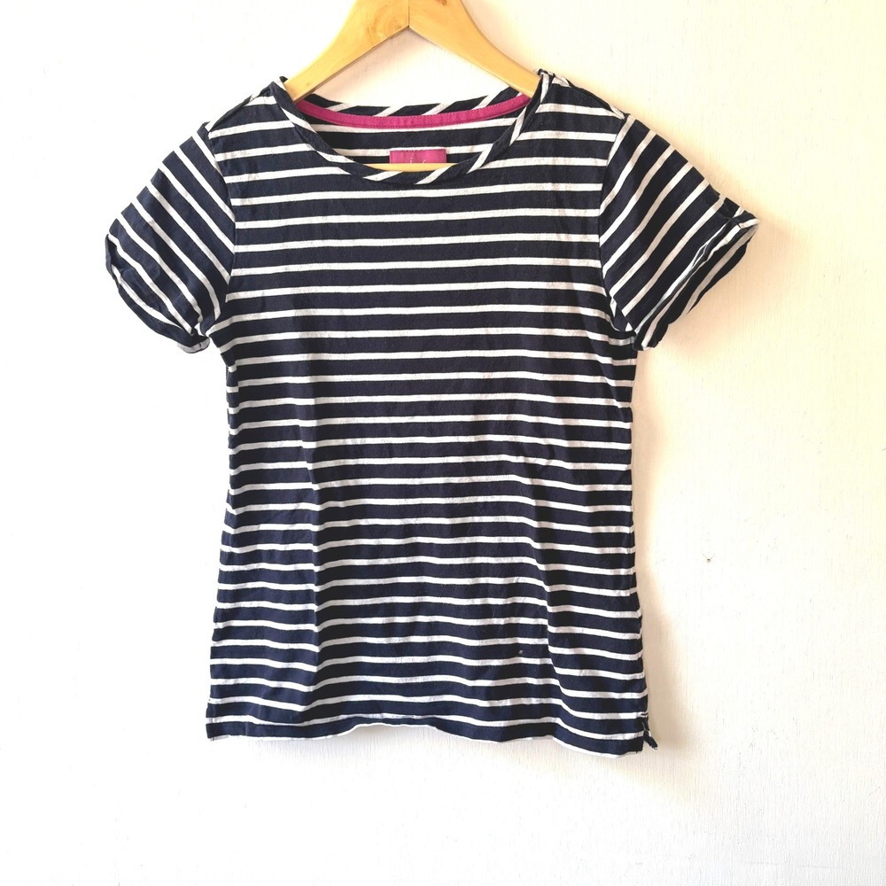 Joules Navy White Striped‎ Short Sleeve Top Pink Embroidered Logo Size US 4